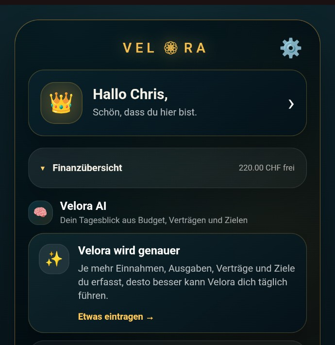 VELORA Genesis Tagesübersicht